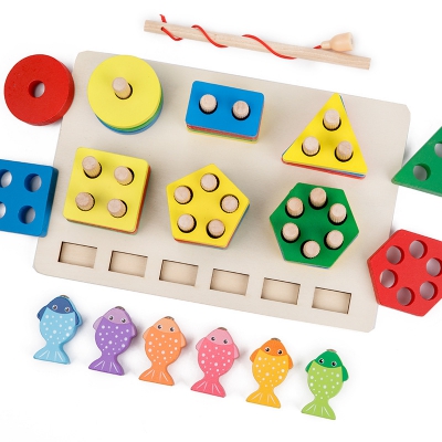 New Montessori Wooden Toys Magnetic Fishing Games Colorful Stacking Block